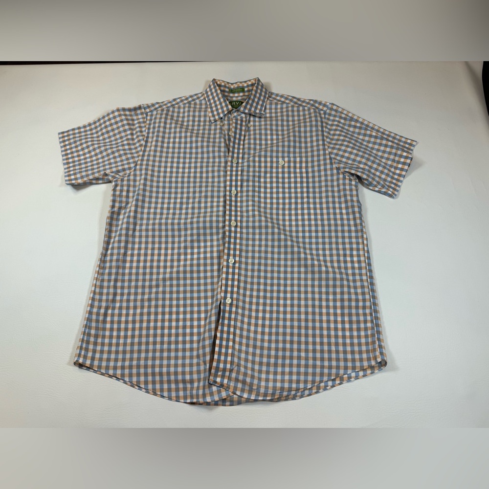Orvis men’s large button down short sleeve 100% cotton shirt blue orange (bin R)